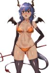  1girl arknights bangs bare_shoulders bikini black_gloves blue_eyes blue_hair blush breasts ch&#039;en_(arknights) choker collarbone commentary_request cowboy_shot dark_skin dragon_horns dragon_tail elbow_gloves eyebrows_visible_through_hair fake_wings gloves hair_between_eyes highres holding holding_weapon horns large_breasts long_hair moto_toshi navel orange_bikini polearm simple_background solo standing stitches stomach swimsuit tail thigh-highs thighs trident weapon white_background wings 