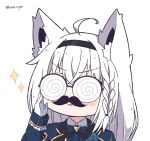  1girl adjusting_eyewear ahoge animal_ear_fluff animal_ears ascot bangs blue_flower blue_jacket blue_rose blush bow bowtie braid chibi eyebrows_visible_through_hair fake_facial_hair fake_mustache flower fox_ears fox_girl glasses gloves green_eyes hair_between_eyes hairband highres hololive jacket kukie-nyan long_hair looking_at_viewer open_mouth rose shirakami_fubuki sidelocks single_braid smug solo sparkle twitter_username upper_body virtual_youtuber white_background white_gloves white_hair 