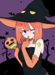  1girl animal bangs bare_shoulders bare_tree bat black_headwear black_shirt blush breasts club_(shape) commentary_request elbow_gloves eyebrows_behind_hair facial_mark finger_to_mouth gloves go-toubun_no_hanayome hair_between_eyes halloween halloween_costume hands_up hat highres holding kujou_karasuma looking_at_viewer medium_breasts nakano_yotsuba one_eye_closed orange_gloves orange_hair parted_lips purple_background shirt signature solo star_(symbol) strapless tree upper_body witch_hat 