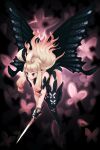  1girl absurdres anne_(bravely_second) antenna_hair bare_shoulders black_legwear black_wings bravely_default_(series) bravely_second:_end_layer bug butterfly butterfly_wings closed_mouth floating_hair flying highres holding holding_sword holding_weapon insect long_hair okame_nin pointy_ears rapier smile solo spread_wings sword thigh-highs violet_eyes weapon white_hair wings 
