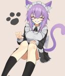  1girl absurdres alternate_costume animal_ears apron beige_background cat_ears cat_tail closed_eyes enmaided ghost_(tama) hand_on_own_knee highres hololive maid maid_apron maid_headdress nekomata_okayu open_hand purple_hair solo tail virtual_youtuber 