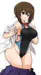 1girl absurdres big_breasts black_swimsuit blue_skirt bow bowtie breasts closed_mouth competition_swimsuit cowboy_shot dress_shirt eyebrows_visible_through_hair girls_und_panzer highleg highleg_swimsuit highres huge_breasts kumo_(atm) looking_at_viewer nishizumi_maho one-piece_swimsuit open_clothes open_shirt open_skirt opened_by_self pleated_skirt pulled_by_self red_neckwear shirt shirt_pull side_cutout simple_background skindentation skirt skirt_pull solo standing swimsuit undressing white_background white_shirt 