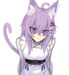  1girl :3 absurdres alternate_costume animal_ear_fluff animal_ears breasts cat_ears cat_tail ghost_(tama) highres hololive leaning_forward medium_breasts nekomata_okayu purple_hair solo tail violet_eyes virtual_youtuber white_background 