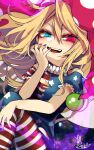  alternate_eye_color american_flag_dress american_flag_legwear blonde_hair blue_eyes blue_nails clownpiece feet_out_of_frame fua_yuu hair_between_eyes hand_up hat heterochromia highres jester_cap long_hair looking_at_viewer nail_polish open_mouth pink_headwear polka_dot_headwear red_eyes red_nails short_sleeves signature smile touhou 