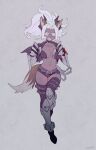  1girl animal_ears artist_name breasts chain claws clenched_teeth collarbone dark_skin full_body grey_background halloween helltaker highres horns judgement_(helltaker) kemonomimi_mode large_breasts looking_at_viewer navel noaharbre ponytail short_hair simple_background solo tail teeth white_eyes white_hair 