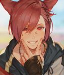  1boy animal_ears bangs cat_ears commentary facial_mark ffxivys final_fantasy final_fantasy_xiv fingerless_gloves fingers_to_cheeks g&#039;raha_tia gloves grin hair_ornament hair_over_one_eye looking_at_viewer male_focus miqo&#039;te neck_tattoo portrait red_eyes redhead short_hair slit_pupils smile solo swept_bangs tattoo x_hair_ornament 