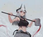  1girl abs arknights belt demon_girl demon_horns highres horns jason_kim mudrock_(arknights) navel oripathy_lesion_(arknights) over_shoulder pants red_eyes sarashi sledgehammer solo sports_bra tank_top weapon weapon_over_shoulder white_hair 