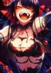  1girl :d arm_strap bangs bat bat_wings black_choker black_hair blood blurry blurry_foreground blush breasts brown_hair cape choker cluseller dress fangs gloves halloween highres lace lace-trimmed_dress lace-trimmed_legwear lace_choker lace_trim large_breasts long_hair looking_at_viewer neck_ribbon open_mouth original pointy_ears reaching_out red_eyes ribbon slit_pupils smile solo thigh-highs thigh_strap thighs tongue vampire vampire_costume wings 