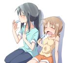  2girls =_= afterimage aqua_shirt bare_arms black_hair blue_pants breasts brown_hair closed_eyes collarbone commentary_request dairi denim eyebrows_visible_through_hair food holding holding_food hot jeans long_hair motion_lines multiple_girls open_mouth orange_shorts original pants ponytail popsicle shirt short_hair short_shorts shorts sidelocks simple_background sitting small_breasts sweat tank_top white_background 