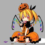  1girl :t alternate_color asameshi bangs black_ribbon blonde_hair blush_stickers candy candy_cane commentary_request crystal dress flandre_scarlet food food_in_mouth grey_background hair_ribbon holding holding_food jack-o&#039;-lantern lollipop orange_dress ponytail pumpkin_on_head red_eyes ribbon seiza short_hair simple_background sitting solo swirl_lollipop touhou wings wrapped_candy 