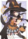  1girl animal_ears asymmetrical_legwear bandage_over_one_eye bandaged_leg bandages black_cape black_headwear black_legwear black_nails cape chomusuke halloween happy_halloween hat kono_subarashii_sekai_ni_shukufuku_wo! looking_at_viewer megumin mishima_kurone multicolored multicolored_nails nail_polish open_mouth orange_nails red_eyes short_hair_with_long_locks skirt smile striped striped_legwear tail teeth thigh-highs vertical-striped_legwear vertical_stripes white_skirt witch_hat wolf_ears wolf_tail 