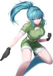  1girl bangs black_gloves blue_eyes blue_hair blush clenched_hand closed_mouth earrings fighting_stance gloves green_shirt green_shorts hair_between_eyes high_ponytail highres jewelry leona_heidern long_hair midriff navel ponytail shirt short_sleeves shorts simple_background sleeves_rolled_up snk solo suspender_shorts suspenders the_king_of_fighters thighs triangle_earrings user_tgcc2237 