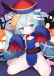  1girl animal animal_ears azur_lane bandaged_leg bandages bangs bare_shoulders barefoot bat blue_dress blue_eyes blue_sleeves blush closed_mouth commentary_request detached_sleeves dress eyebrows_visible_through_hair green_hair hair_between_eyes halloween hat highres jack-o&#039;-lantern jiangshi_costume kokone_(coconeeeco) long_hair long_sleeves looking_at_viewer mikazuki_(azur_lane) ofuda qing_guanmao red_headwear sitting sleeveless sleeveless_dress sleeves_past_fingers sleeves_past_wrists solo tail torn_clothes torn_sleeves very_long_hair wariza 