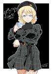  1girl absurdres artist_name bangs beret birthday black_background black_dress black_headwear black_sash blonde_hair blue_eyes braid breast_hold breasts casual character_name closed_mouth commentary_request cowboy_shot cup darjeeling_(girls_und_panzer) dated dress eyebrows_visible_through_hair fishnet_legwear fishnets girls_und_panzer half-closed_eyes hat highres holding holding_cup long_sleeves looking_at_viewer outline pantyhose partial_commentary sash shinkuukan_(tetsuo3) short_dress short_hair signature smile solo standing teacup tied_hair translated twin_braids white_outline 