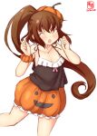  1girl artist_logo black_camisole brown_eyes brown_hair camisole chestnut_mouth collarbone commentary_request cosplay cowboy_shot dated fumizuki_(kantai_collection) highres jack-o&#039;-lantern kanon_(kurogane_knights) kantai_collection libeccio_(kantai_collection) libeccio_(kantai_collection)_(cosplay) long_hair looking_at_viewer one_eye_closed orange_headwear ponytail pumpkin_skirt simple_background solo white_background 