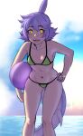  1girl :d ass_visible_through_thighs ball beach beachball bikini borrowed_character breasts feet_out_of_frame fish_tail freckles green_bikini hand_on_hip holding holding_ball horizon leaning_forward looking_at_viewer medium_breasts navel ocean open_mouth original purple_hair razalor shark_fin shark_tail sharp_teeth slit_pupils smile solo spec_(senatorwong) standing swimsuit tail teeth upper_teeth yellow_eyes 