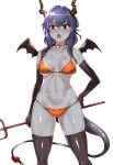  1girl arknights bangs bare_shoulders bikini black_gloves blue_eyes blue_hair blush breasts ch&#039;en_(arknights) choker collarbone commentary_request cowboy_shot dragon_horns dragon_tail elbow_gloves eyebrows_visible_through_hair fake_wings gloves grey_skin hair_between_eyes highres holding holding_weapon horns large_breasts long_hair moto_toshi navel orange_bikini polearm simple_background solo standing stitches stomach swimsuit tail thigh-highs thighs trident weapon white_background wings 
