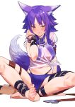  1girl animal_ear_fluff animal_ears anklet arm_strap bangs bikini blush bracelet breasts brown_eyes criss-cross_halter feet halterneck highres indian_style jewelry kinta_(distortion) large_breasts legs makoto_(princess_connect!) medium_hair navel princess_connect! princess_connect!_re:dive purple_bikini purple_hair shirt sidelocks simple_background sitting swimsuit tail wet wet_clothes wet_shirt white_background wolf_ears wolf_girl wolf_tail 