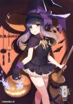  1girl alternate_costume artist_name bangs basket bow broom cape commentary_request dress eyebrows_visible_through_hair gloves halloween halloween_costume hat hat_bow highres jack-o&#039;-lantern kantai_collection long_hair looking_at_viewer pumpkin purple_hair smile solo thigh-highs tsushima_(kantai_collection) unidentified_nk witch witch_hat 