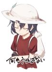  1girl backpack bag black_gloves black_hair closed_eyes closed_mouth crossed_arms gloves grey_headwear hat hat_feather ibuki_notsu kaban_(kemono_friends) kemono_friends red_shirt shirt short_sleeves simple_background solo translation_request upper_body white_background 