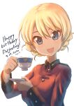  1girl :d artist_name bangs blonde_hair blue_eyes braid character_name commentary cup darjeeling_(girls_und_panzer) dated english_text epaulettes girls_und_panzer happy_birthday highres holding holding_cup holding_saucer insignia jacket kuroneko_douji long_sleeves looking_at_viewer military military_uniform open_mouth red_jacket saucer short_hair simple_background smile solo st._gloriana&#039;s_military_uniform teacup tied_hair twin_braids uniform white_background 