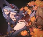  1girl absurdres breasts broom broom_riding floating_hair flying glasses halloween highres large_breasts little_witch_academia long_hair looking_at_viewer open_hand purple_hair red_eyes senjouhara_nira solo ursula_charistes witch 