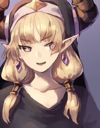  +_+ 1girl absurdres blonde_hair demon_horns earrings grey_shirt highres horns jewelry long_hair looking_to_the_side low_twintails okame_nin open_mouth original pointy_ears portrait purple_background shirt simple_background solo twintails urushia_(okame_nin) veil violet_eyes 