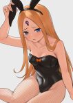  1girl abigail_williams_(fate/grand_order) animal_ears bangs bare_shoulders black_leotard blonde_hair blue_eyes blush breasts covered_navel fate/grand_order fate_(series) fishnet_legwear fishnets forehead highleg highleg_leotard keyhole leotard long_hair looking_at_viewer open_mouth parted_bangs playboy_bunny rabbit_ears s.w sidelocks small_breasts strapless strapless_leotard thighs 