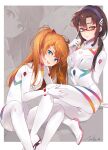 2girls :d absurdres adjusting_eyewear ass blue_eyes bodysuit breasts brown_hair covered_navel evangelion:_3.0+1.0_thrice_upon_a_time feet_out_of_frame full_body glasses hair_between_eyes hand_on_another&#039;s_leg hand_up highres jiujiuyatou_(yayanzz) leaning_forward legs long_hair looking_at_viewer makinami_mari_illustrious medium_breasts multiple_girls neon_genesis_evangelion open_mouth orange_hair plugsuit rebuild_of_evangelion shikinami_asuka_langley sitting skin_tight small_breasts smile souryuu_asuka_langley thighs twintails two_side_up white_bodysuit 