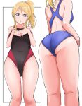  1girl absurdres ass ass_visible_through_thighs ayase_eli blonde_hair blue_eyes hands_on_own_chest highres looking_at_viewer love_live! love_live!_school_idol_project multiple_views one-piece_swimsuit ponytail scrunchie swimsuit thighs wewe white_background white_scrunchie 
