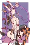  1girl absurdres ass back bandaged_arm bandages bangs blush breasts eyebrows_visible_through_hair eyelashes fang fang_out fate/grand_order fate_(series) hair_ornament halloween hat highres horns long_hair looking_at_viewer oni oni_horns pointy_ears purple_hair sherryqq shuten_douji_(fate/grand_order) small_breasts smile solo striped striped_legwear thigh-highs twintails very_long_hair violet_eyes witch_hat 
