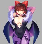  1girl animal_print arms_behind_head bat_print bow breasts brown_hair cookie_(touhou) cosplay hair_bow hair_tubes hakurei_reimu highres large_breasts leotard low_wings morrigan_aensland morrigan_aensland_(cosplay) pantyhose plump purple_legwear red_eyes reu_(cookie) simple_background solo tarmo touhou vampire_(game) wings 