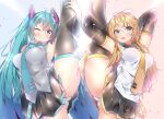  2girls aqua_hair arm_up armpits arms_behind_head blonde_hair breasts detached_sleeves harukawa_(hal501) hatsune_miku kagamine_rin large_breasts long_hair miniskirt multiple_girls necktie one_eye_closed panties shirt skirt sleeveless sleeveless_shirt split standing standing_on_one_leg standing_split striped striped_panties thigh-highs twintails underwear vocaloid 