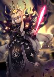  1girl absurdres black_dress blue_eyes crown dress drill_hair energy_sword feet_out_of_frame hand_up highres holding holding_sword holding_weapon horns kanera_matitia_(okame_nin) long_dress long_hair looking_at_viewer no_mouth okame_nin original rapier solo standing sword very_long_hair weapon white_hair white_skin 