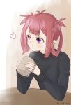  1girl absurdres atelier_live black_sweater casual cup dated english_commentary heart highres holding holding_cup kani_kanizawa looking_to_the_side mug redhead solo sweater violet_eyes virtual_youtuber w4rd0 