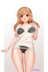 1girl ass_visible_through_thighs bang_dream! bangs black_bra black_panties blonde_hair blush bra bra_strap breasts brown_eyes brown_hair commentary gradient gradient_background halter_top halterneck highres ichigaya_arisa kim_hyun-kyung korean_commentary large_breasts long_hair looking_at_viewer md5_mismatch open_mouth panties photoshop_(medium) round_teeth see-through shirt simple_background solo t-shirt teeth twitter_username underwear upper_teeth wet wet_clothes wet_shirt yellow_eyes