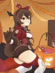  1girl :d amber_(genshin_impact) ass baron_bunny boots brown_gloves brown_hair brown_shorts candy cropped_jacket food genshin_impact gloves hair_ornament halloween highres jacket long_hair looking_at_viewer open_mouth pumpkin red_jacket short_shorts shorts smile solo teeth thigh-highs thigh_boots 