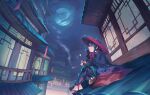  1girl architecture blue_cape blue_hair cape clouds cloudy_sky east_asian_architecture from_side full_moon hair_ornament hairclip hat highres holding holding_pipe kiseru kohari_(shichigatsu) moon night night_sky pants parted_lips pipe red_eyes red_headwear rice_hat rooftop sandals shichigatsu sitting sky smoke solo 