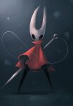  cloak highres holding hollow_eyes hollow_knight hornet_(hollow_knight) legs_apart needle needle_sword no_humans okame_nin red_cloak solo standing 