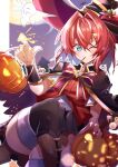  1girl absurdres ange_katrina blue_eyes food ghost halloween hat highres huge_filesize jack-o&#039;-lantern looking_to_the_side nijisanji one_eye_closed papa-kun_(destiny549-2) pocky pointing redhead solo triangle_hair_ornament virtual_youtuber witch_costume witch_hat 