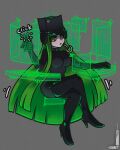  1girl black_bodysuit black_headwear black_sclera bodysuit breasts full_body green_eyes green_hair grey_background hat high_heels highres hologram lips loen-lapae long_hair looking_at_viewer onomatopoeia original simple_background sitting solo thigh-highs typing very_long_hair xbox_series_x xbox_series_x_(personification) 