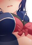  1girl absurdres blue_eyes breasts breasts_apart doodemoii from_below head_out_of_frame highres lips love_live! love_live!_sunshine!! matsuura_kanan parted_lips solo teeth wet white_bag 