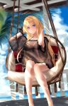  1girl adjusting_hair azur_lane beach bikini bismarck_(azur_lane) black_bikini blonde_hair blue_eyes blue_sky blush breasts clouds collarbone day highres large_breasts long_hair looking_at_viewer mior ocean palm_tree see-through sitting sky smile solo swimsuit swing tree 