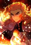  1boy absurdres black_jacket blurry blurry_background cape closed_mouth commentary_request depth_of_field highres jacket katana kimetsu_no_yaiba looking_at_viewer male_focus multicolored_hair orange_hair pekerika red_eyes redhead rengoku_kyoujurou smile solo streaked_hair sword thick_eyebrows upper_body weapon white_cape 