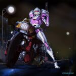  1980s_(style) 1boy 1girl arcee autobot english_commentary english_text ground_vehicle gun hinomars19 holding holding_gun holding_weapon looking_down mecha motor_vehicle motorcycle no_humans parody retro_artstyle sunglasses terminator transformers weapon wreck-gar 