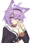  1girl absurdres animal_ear_fluff animal_ears blush cat_ears cat_tail choker detached_arm ghost_(tama) hand_on_another&#039;s_cheek hand_on_another&#039;s_face highres hololive looking_at_viewer nekomata_okayu one_eye_closed pov purple_hair solo tail violet_eyes virtual_youtuber 