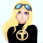  1girl blonde_hair blue_eyes bodysuit closed_mouth dated dc_comics goggles goggles_on_head head_tilt long_hair looking_at_viewer razalor signature simple_background smile solo symbol_commentary teen_titans terra_(dc) white_background 