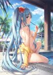 1girl aqua_eyes aqua_hair ass bare_shoulders bikini breasts dangmyo day food halter_top halterneck hatsune_miku highres holding holding_food jacket long_hair off_shoulder pool poolside popsicle shoulder_tattoo sitting small_breasts solo sucking swimsuit tattoo thighs twintails very_long_hair vocaloid wet 