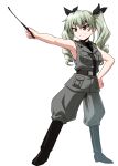  1girl absurdres adapted_costume anchovy_(girls_und_panzer) anzio_military_uniform bangs belt black_belt black_footwear black_neckwear black_ribbon black_shirt boots commentary dress_shirt drill_hair eyebrows_visible_through_hair full_body girls_und_panzer green_hair grey_jacket grey_pants grin hair_ribbon hand_on_hip highres holding jacket kamishima_kanon knee_boots long_hair looking_to_the_side military military_uniform necktie pants red_eyes ribbon riding_crop sam_browne_belt shirt simple_background sleeveless sleeveless_jacket smile solo standing twin_drills twintails uniform white_background wing_collar 