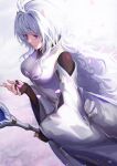  1girl ahoge black_gloves commentary_request curly_hair fate/grand_order fate/grand_order_arcade fate_(series) fingerless_gloves gloves highres holding holding_staff kyuu_(chiu850513) long_hair merlin_(fate/prototype) messy_hair petals pointy_ears solo staff violet_eyes white_hair white_robe wide_sleeves 
